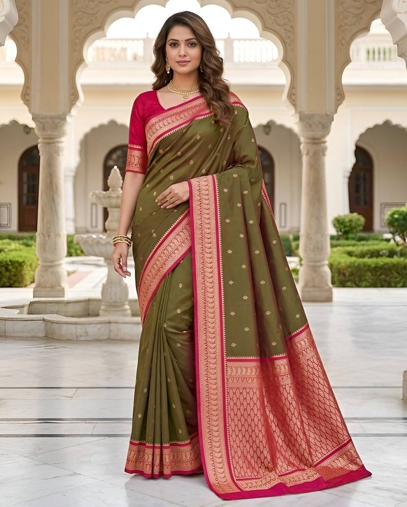 Green soft silk blend saree with zari weaving meenakari design