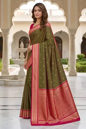 Green soft silk blend saree with zari weaving meenakari design