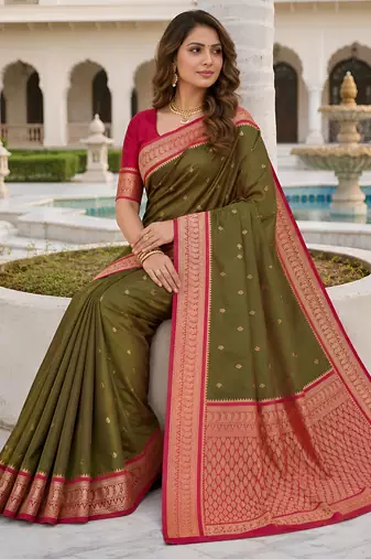 Green soft silk blend saree with zari weaving meenakari design