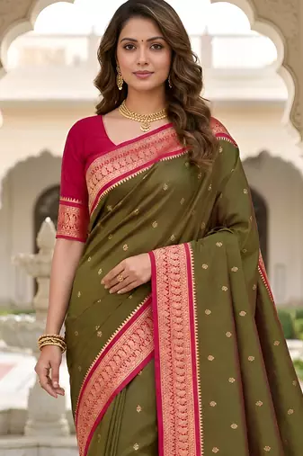 Green soft silk blend saree with zari weaving meenakari design