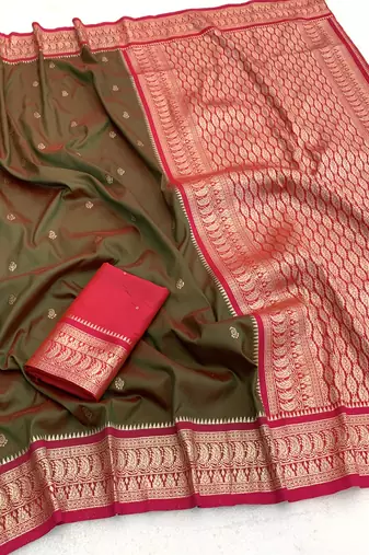 Green soft silk blend saree with zari weaving meenakari design