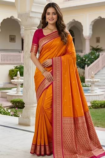 Orange soft silk blend saree with zari weaving meenakari design