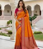 Orange soft silk blend saree with zari weaving meenakari design