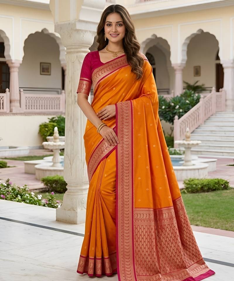 Orange soft silk blend saree with zari weaving meenakari design
