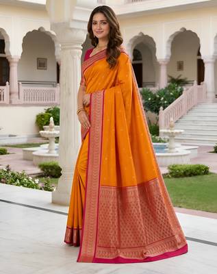 Orange soft silk blend saree with zari weaving meenakari design 2
