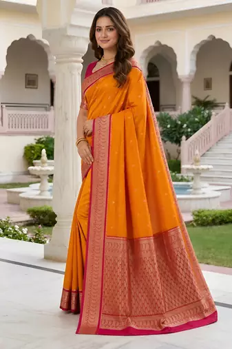 Orange soft silk blend saree with zari weaving meenakari design