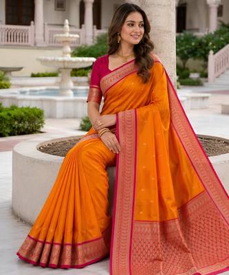 Orange soft silk blend saree with zari weaving meenakari design 3