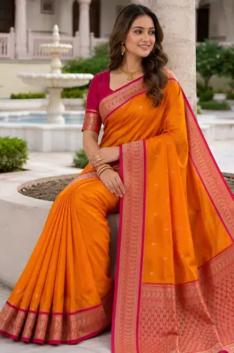 Orange soft silk blend saree with zari weaving meenakari design