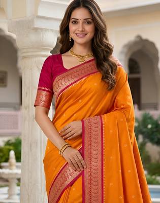 Orange soft silk blend saree with zari weaving meenakari design 4