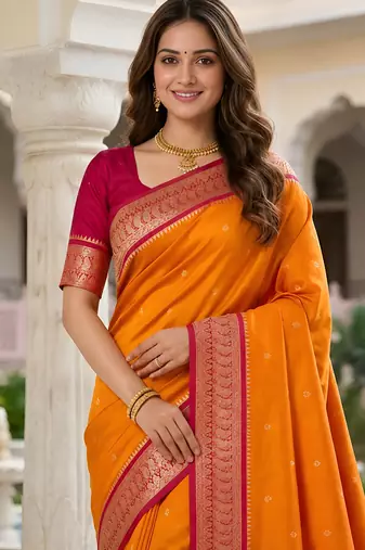 Orange soft silk blend saree with zari weaving meenakari design