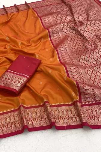 Orange soft silk blend saree with zari weaving meenakari design