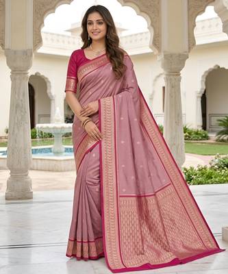 Onion pink soft silk blend saree with zari weaving meenakari design 1