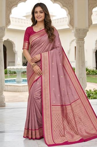 Onion pink soft silk blend saree with zari weaving meenakari design