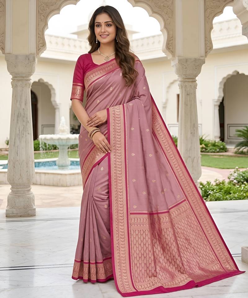 Onion pink soft silk blend saree with zari weaving meenakari design