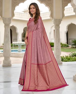 Onion pink soft silk blend saree with zari weaving meenakari design 2