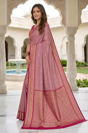 Onion pink soft silk blend saree with zari weaving meenakari design