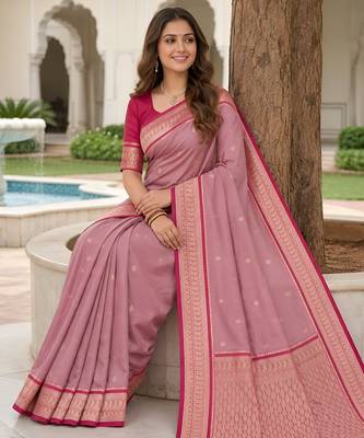 Onion pink soft silk blend saree with zari weaving meenakari design 3
