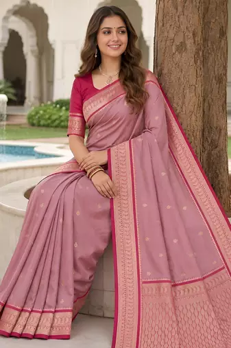 Onion pink soft silk blend saree with zari weaving meenakari design