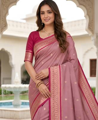 Onion pink soft silk blend saree with zari weaving meenakari design 4