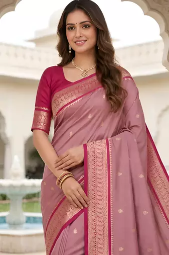 Onion pink soft silk blend saree with zari weaving meenakari design