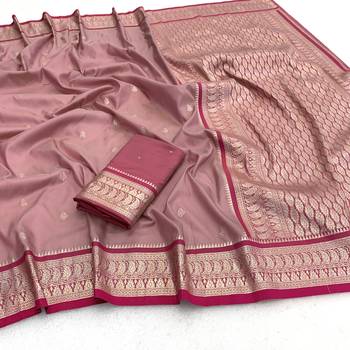 Onion pink soft silk blend saree with zari weaving meenakari design 5