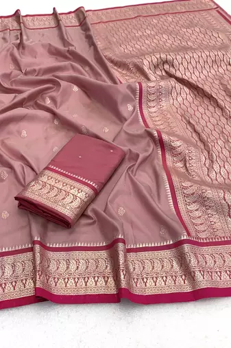 Onion pink soft silk blend saree with zari weaving meenakari design