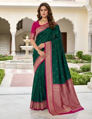 Green soft silk blend saree with zari weaving meenakari design 1