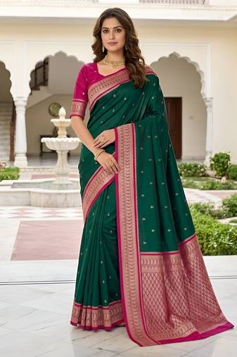 Green soft silk blend saree with zari weaving meenakari design