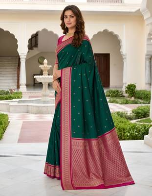Green soft silk blend saree with zari weaving meenakari design 2