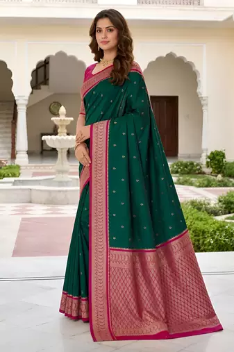 Green soft silk blend saree with zari weaving meenakari design