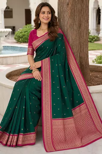 Green soft silk blend saree with zari weaving meenakari design
