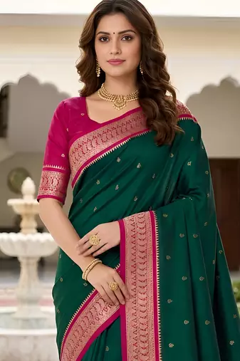 Green soft silk blend saree with zari weaving meenakari design