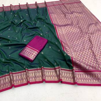 Green soft silk blend saree with zari weaving meenakari design 5