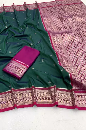 Green soft silk blend saree with zari weaving meenakari design