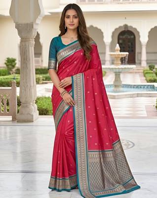 Pink soft silk blend saree with zari weaving meenakari design 1