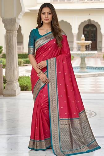Pink soft silk blend saree with zari weaving meenakari design