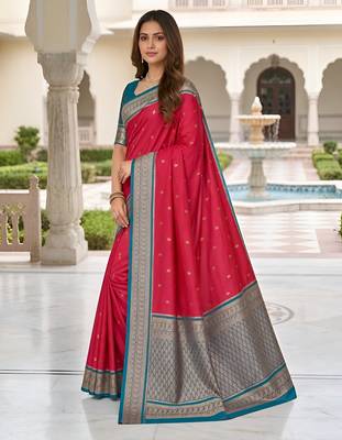 Pink soft silk blend saree with zari weaving meenakari design 2