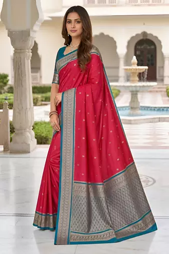 Pink soft silk blend saree with zari weaving meenakari design