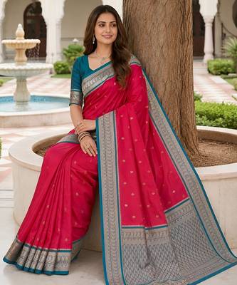 Pink soft silk blend saree with zari weaving meenakari design 3