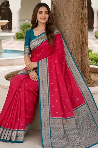 Pink soft silk blend saree with zari weaving meenakari design