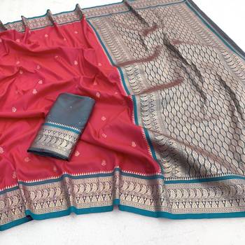 Pink soft silk blend saree with zari weaving meenakari design 5