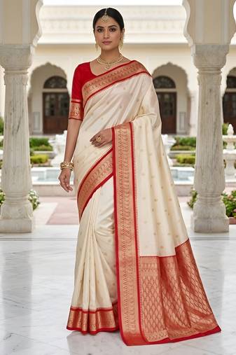 White soft silk blend saree with zari weaving meenakari design
