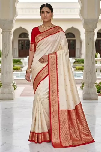 White soft silk blend saree with zari weaving meenakari design