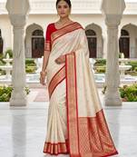 White soft silk blend saree with zari weaving meenakari design