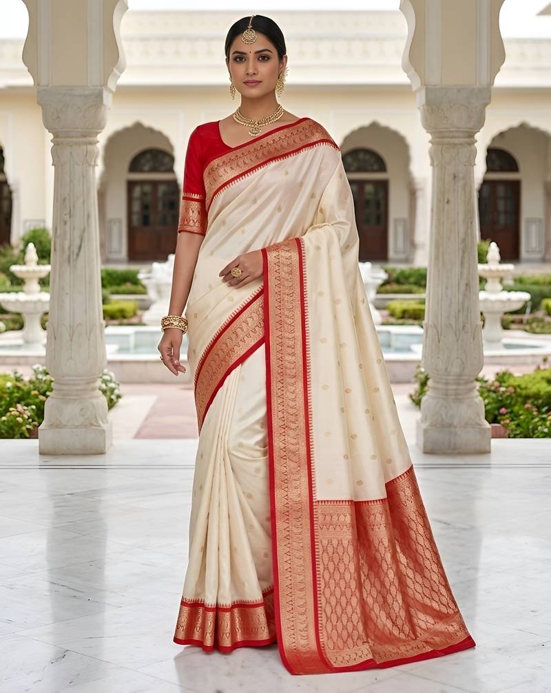 White soft silk blend saree with zari weaving meenakari design