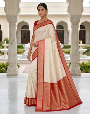 White soft silk blend saree with zari weaving meenakari design 2