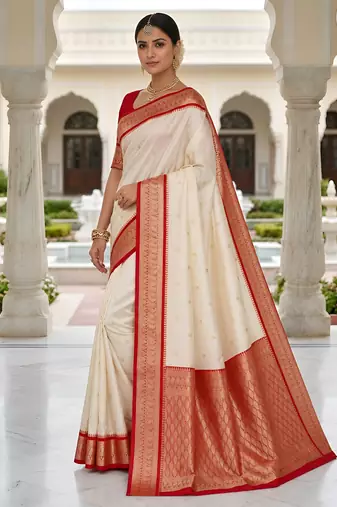 White soft silk blend saree with zari weaving meenakari design
