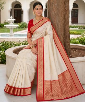 White soft silk blend saree with zari weaving meenakari design 3