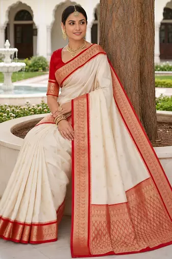 White soft silk blend saree with zari weaving meenakari design