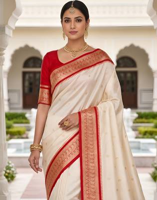White soft silk blend saree with zari weaving meenakari design 4